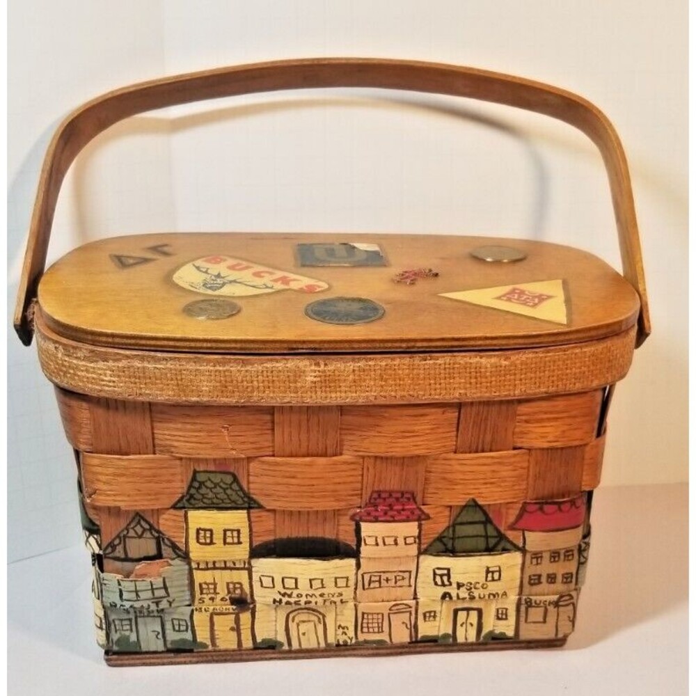 Vtg Caro Nan Woven Basket Handbag Purse Tulsa  UT  Delta Tau Delta HandPainted